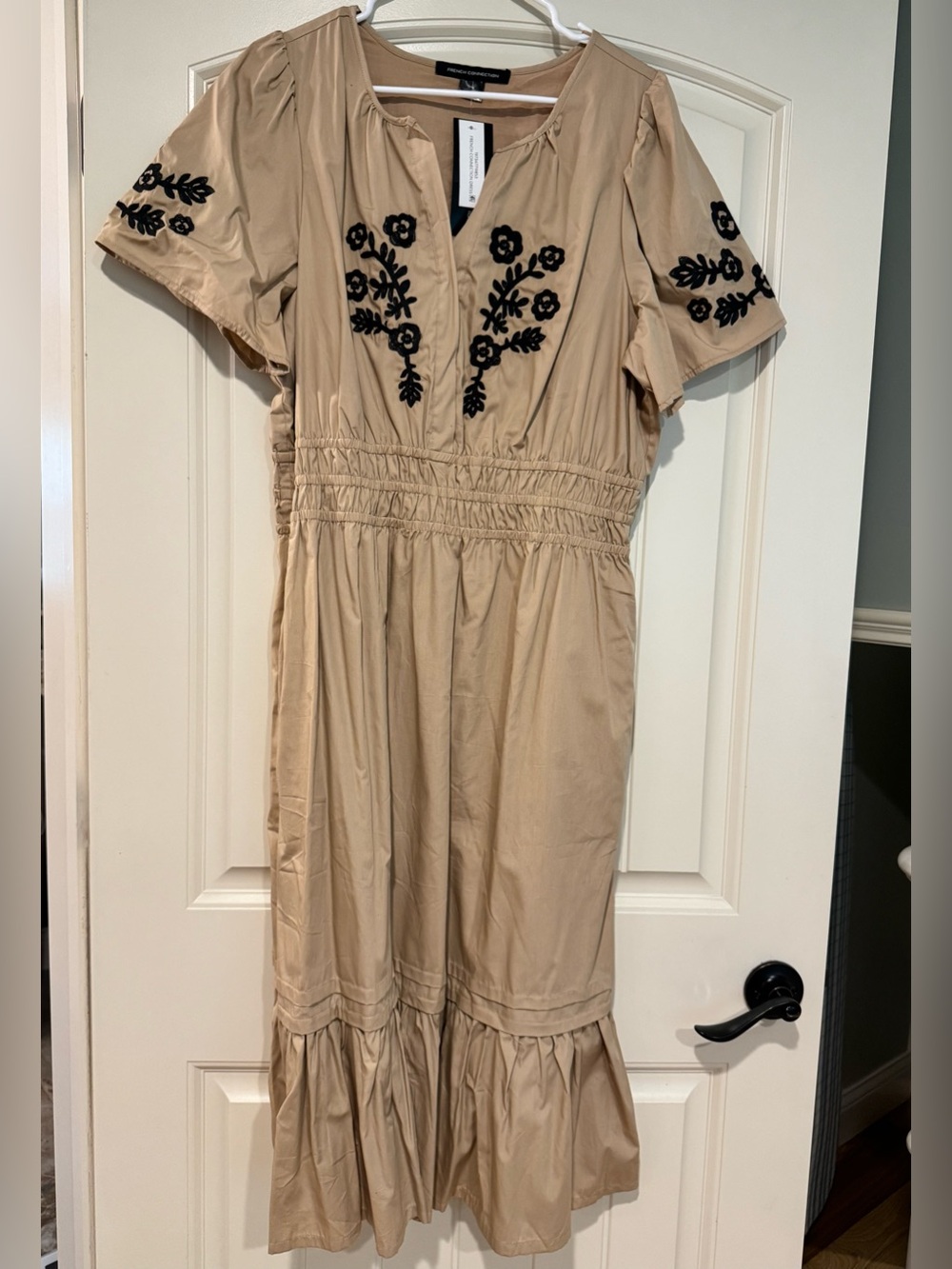 Beige Dress with Black Floral Embroidery